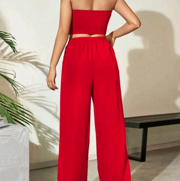 Summer Casual Patch Strapless Crop Top And Long Pants Two Piece Set - Picture 2 of 6